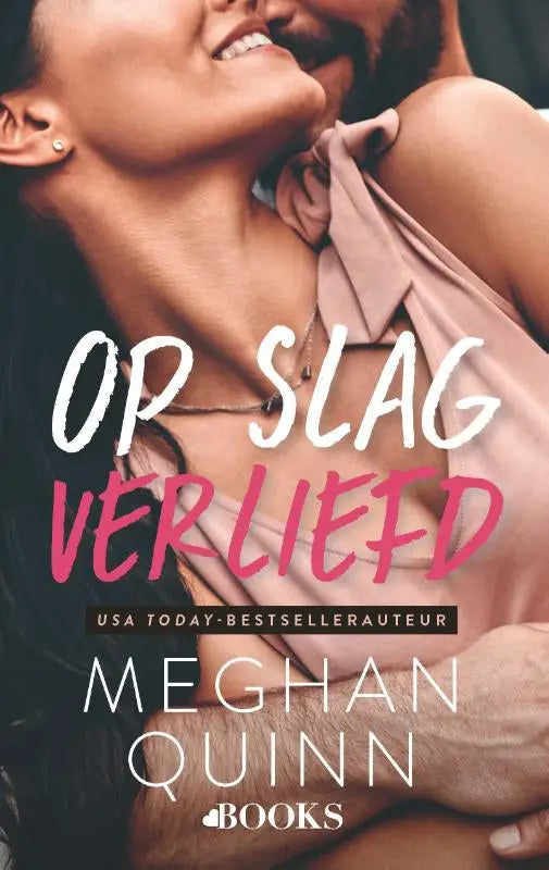 The book cover of slag verliefd by meghan quinn features a soft pink satin-like dress with delicate ruching at the neckline in sports romance genre
