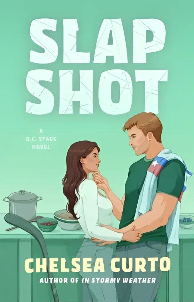 De boekcover van slap shot - a novel toont de titel in witte letters met een jong koppel omhelzend op een keukentafel