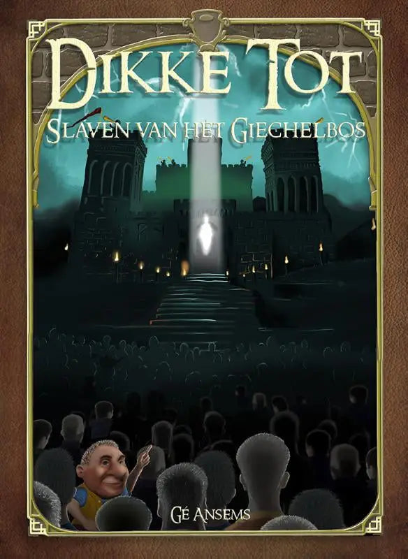 De cover van de dutch comic book dikke tot slaven van het giechelbos met donkere stenen architectuur en teal lucht uitgeverij macc
