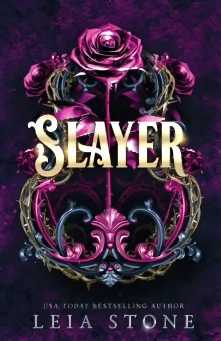 The slayer book cover by leia stone features ornate gold lettering with black and pink floral designs and a central rose motif for vampire hunter fans