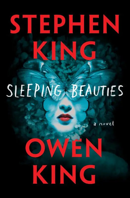 De omslag van de roman sleeping beauties toont een vrouwengezicht in teal en wit met blauwe vlindervleugels op donkere achtergrond