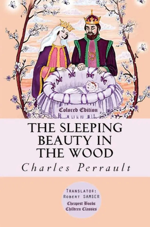 De book cover van sleeping beauty in the wood toont een koning en koningin in paars groen en goud met een wiegje met roze strikken