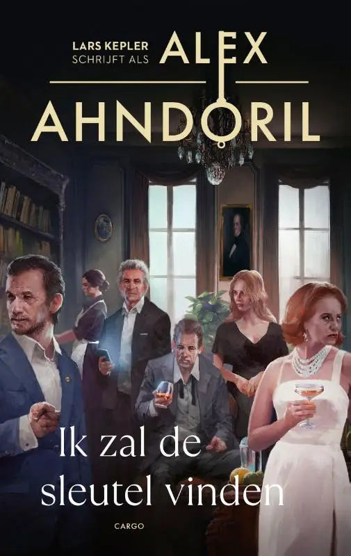 De boekcover van ik zal de sleutel vinden toont een donkere, sfeervolle illustratie van formeel geklede personen in een elegant interieur