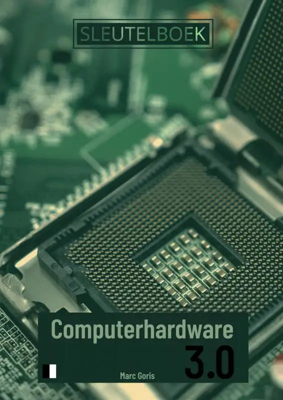 Groene circuitkaart met centraal processorsocket en metalen pinnen in sleutelboek computerhardware 3.0 b&w