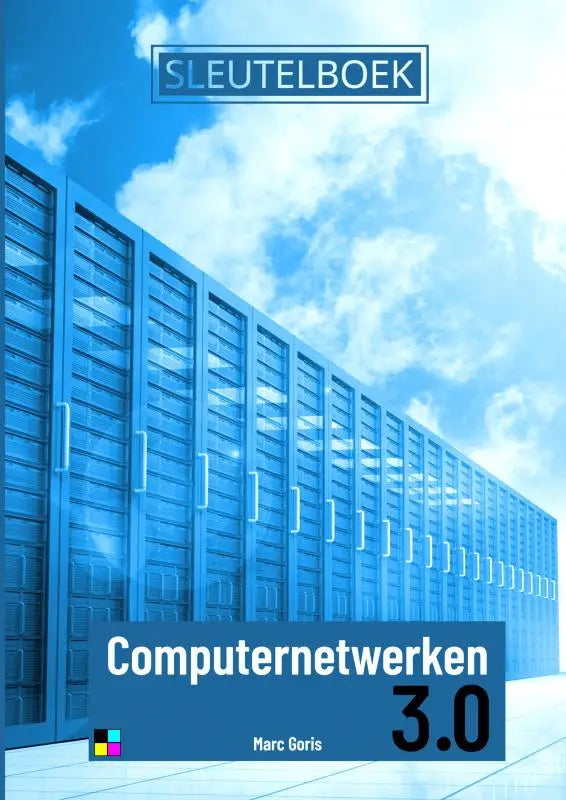 Blauwe serverrack array op de boekomslag van sleutelboek computernetwerken 3.0 kleur edition