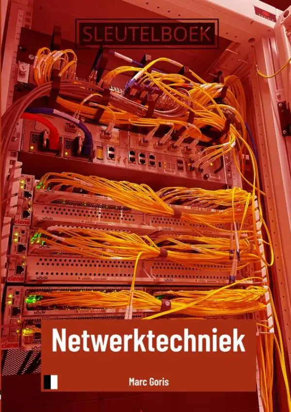 Een boekcover van sleutelboek netwerktechniek b&w met een serverrack en gele netwerkkabels van marc goris