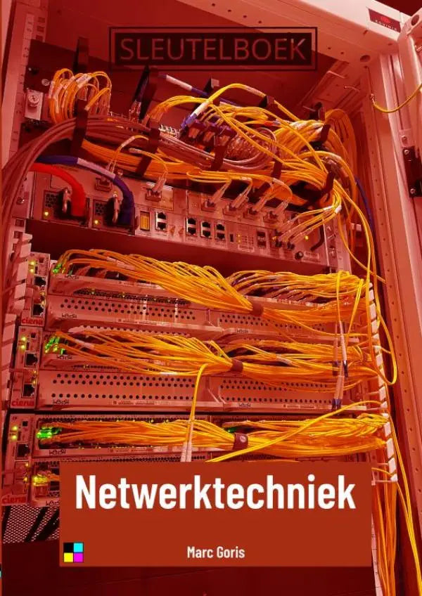 Boekcover van sleutelboek netwerktechniek met een serverrack en gele netwerkkabels van marc goris in kleur