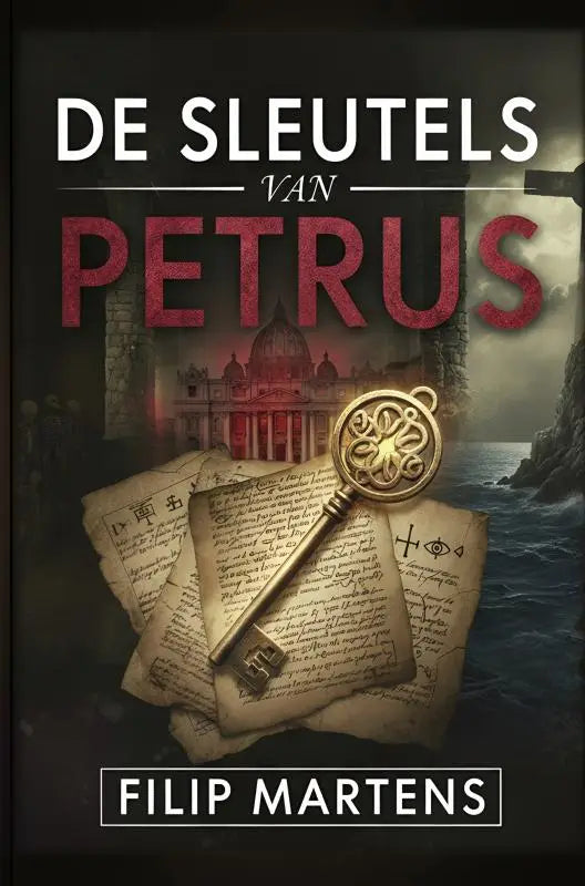 Een gouden sierlijke sleutel met ingewikkeld Keltisch knoopwerk ligt op verouderde perkamentachtige documenten in De Sleutels van Petrus