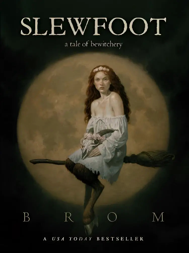 Een vrouw met lang rood haar zit op een bezemsteel voor een grote bleke volle maan in Slewfoot - A Tale of Bewitchery