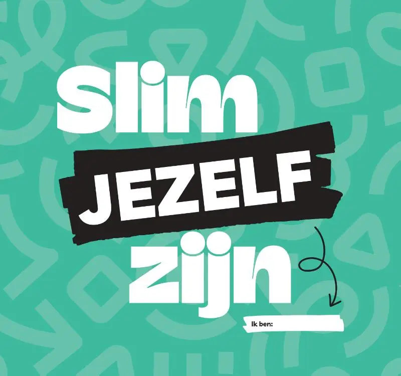 Teal achtergrond met vetgedrukte witte en zwarte tekst slim jezelf zijn op product gericht op jonge lezers
