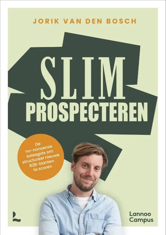 Boekcover slim prospecteren met lichtgroene achtergrond, witte tekst en oranje cirkelvormig Nederlands label