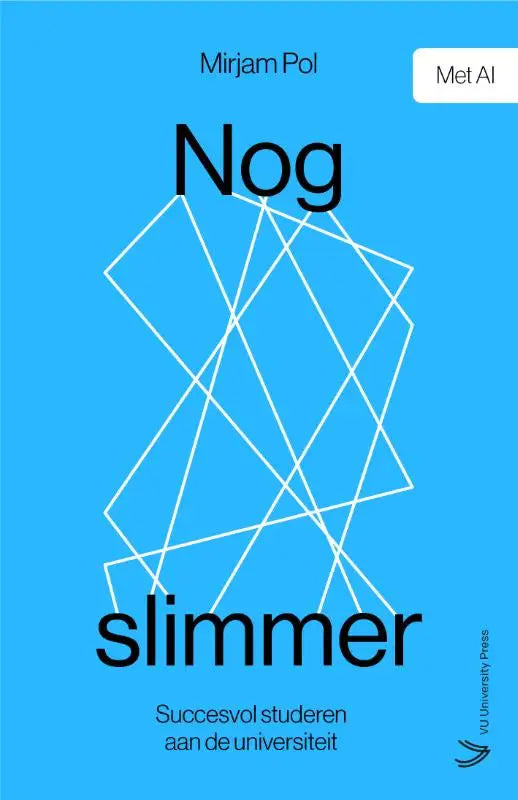 Helderblauwe boekomslag nog slimmer van mirjam pol met minimalistisch wit geometrisch ontwerp en vaardigheden hoger onderwijs