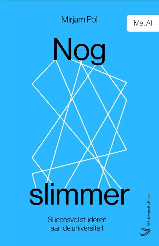 Helderblauw boek met de titel nog slimmer en een minimalistisch wit geometrisch ontwerp voor succesvol studeren aan de universiteit