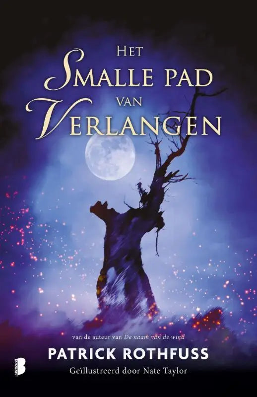 De cover van het boek het smalle pad van verlangen toont een donkere boom tegen een mystieke paarse maanlucht