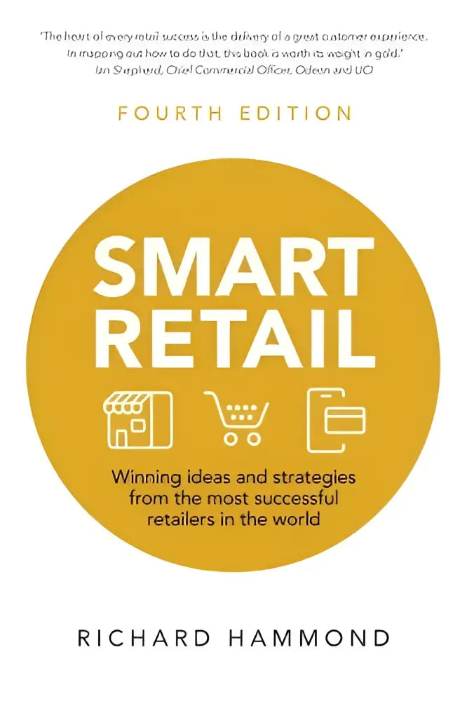 De boekcover van smart retail toont winning ideas and strategies from retailers met gele cirkel en winkelpictogrammen