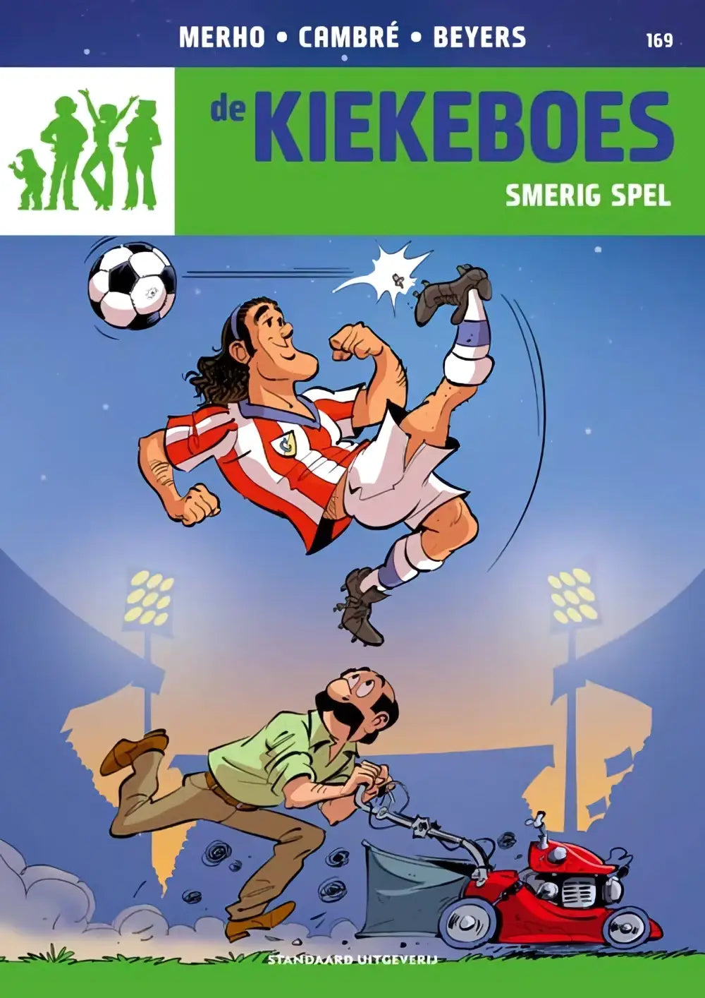 Rode smerig spel grasmaaier met zwarte handgreep en zilveren wielen door mike beyers strips algemeen