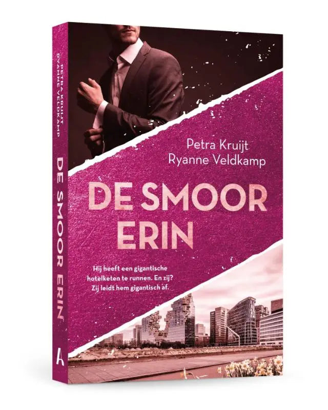 Een levendig magenta paperback boek de smoor erin van petra kruijt en ryanne veldkamp met man in pak en stadsbeeld