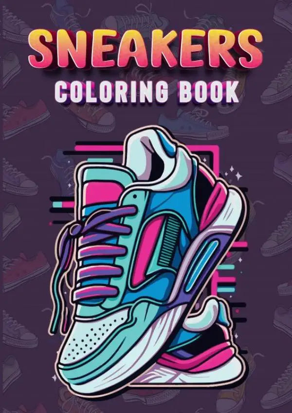 Vibrante cartoon sneakers in teal, pink en wit met paarse veters in het mindfulness kleurboek
