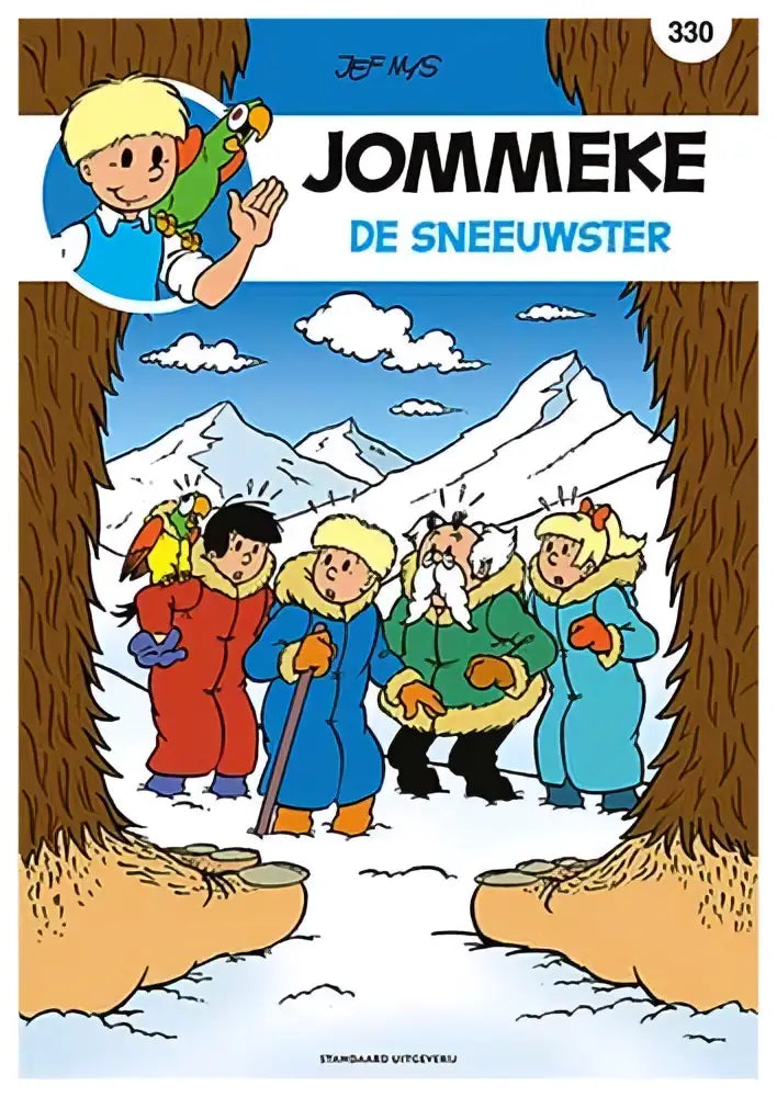 Jommeke comic boek de sneeuwster met kinderen in winterkleding tussen bomen en besneeuwde bergen door jef nys en kristof berte informatieve strips