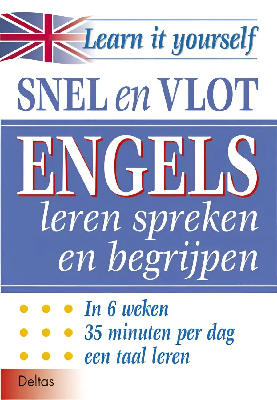 Blauwe en witte omslag van het dutch-language engels leren spreken boek snel en vlot engels van deltas