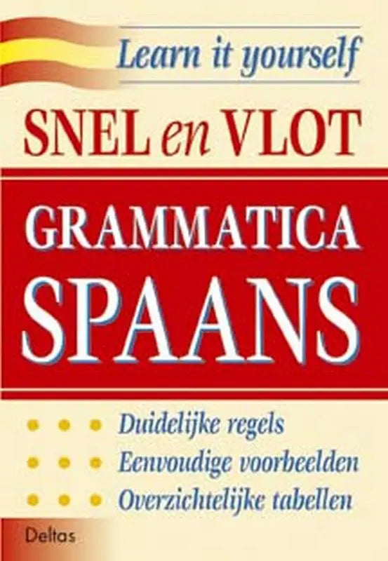 Rood en crèmekleurig boek met vlot grammatica spaans tekst en spaanse vlagmotief op de omslag