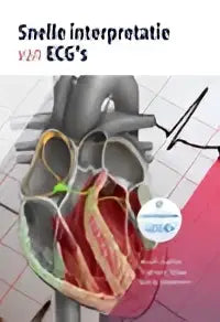 De voorkant van het boek snelle interpretatie van ecgs toont een gedetailleerde anatomische illustratie van een hart in rood groen en geel op grijze achtergrond