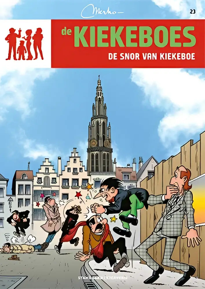 Rode en witte comicboekcover de kiekeboes met cartoonactie tegen europese gebouwen in de snor van kiekeboe