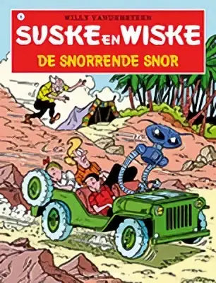 Groene vintage jeep met rode dak en zwarte banden, met cartoonfiguren achterin, uit de snorrende snor van willy vandersteen strips algemeen