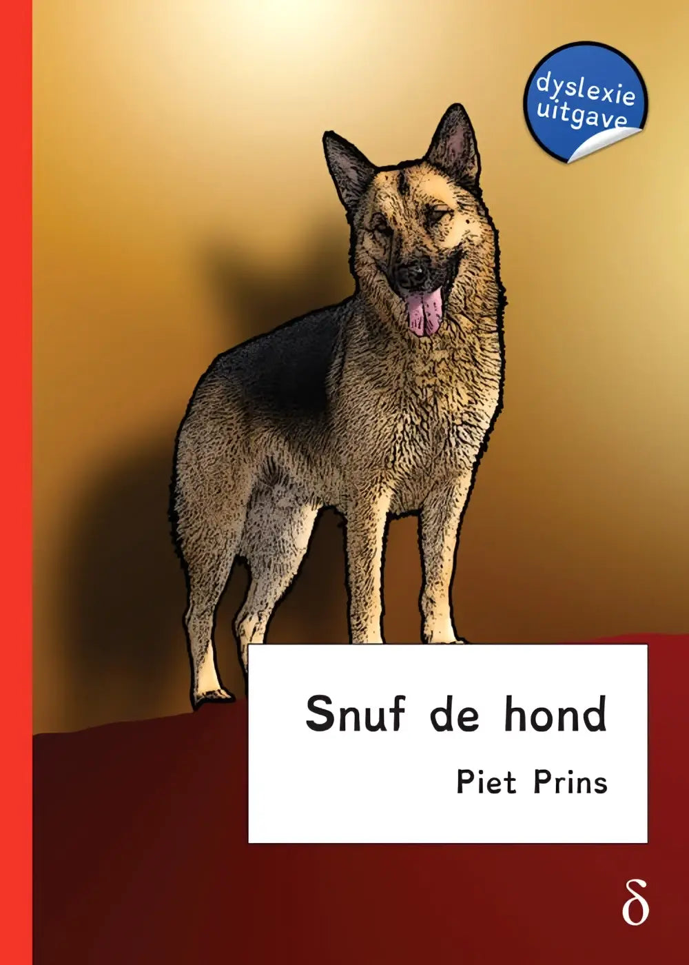 Cartoonillustratie van german shepherd hond snuf de hond met zwart en tan vacht staand op rode vloer voor gouden achtergrond