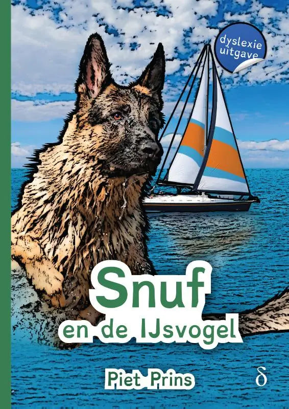 Een boekcover van snuf en de ijsvogel met een duitse herder hond met natte bruinzwarte vacht in het water