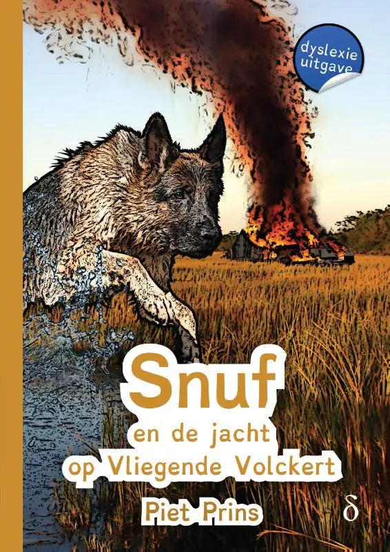 Een duitse herder met natte bruine en zwarte vacht staat in ondiep water terwijl een brandende schuur en dikke rook zichtbaar zijn in vliegende volckert
