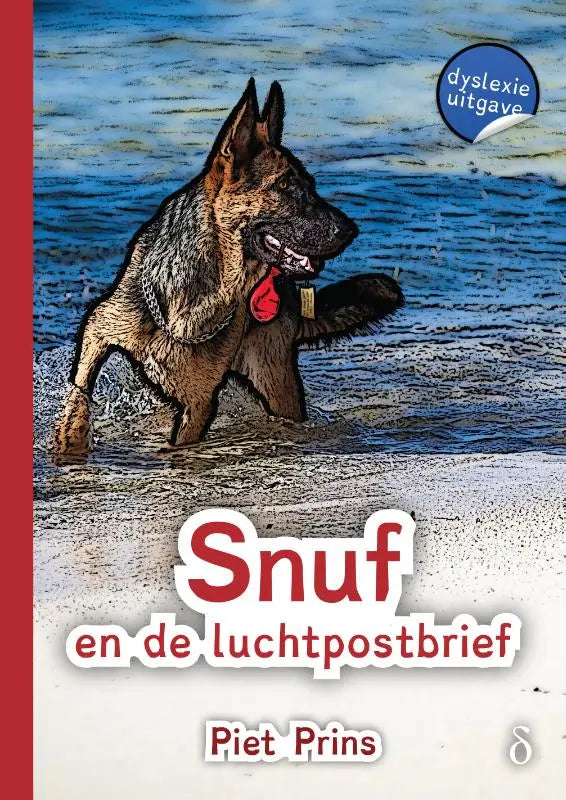 Snuf en de luchtpostbrief met een duitse herder zwart en tan coat rode halsband en kettinkriem in ondiep water