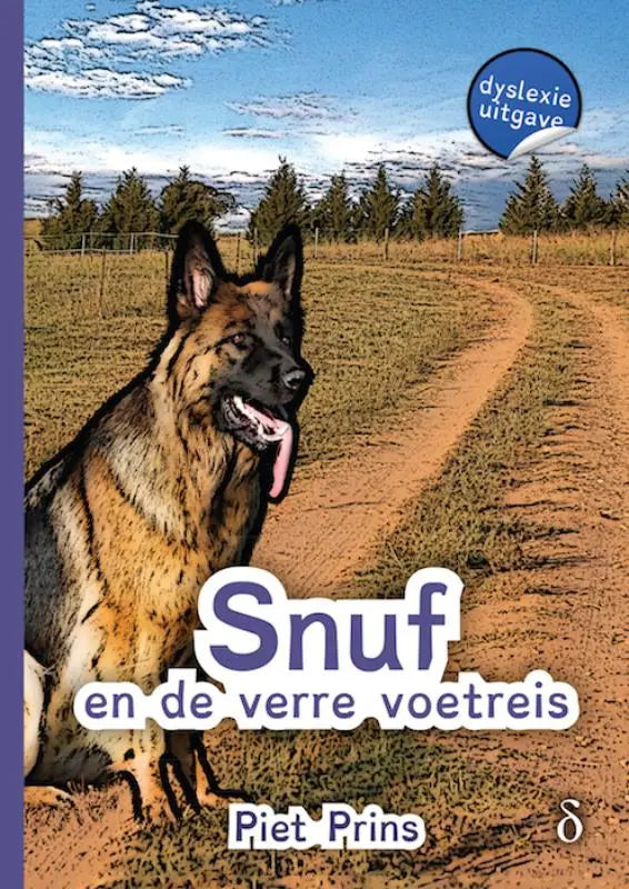 Een duitse herder met tan en zwart vacht zit op een zandpad met zijn tong uit in snuf en de verre voetreis