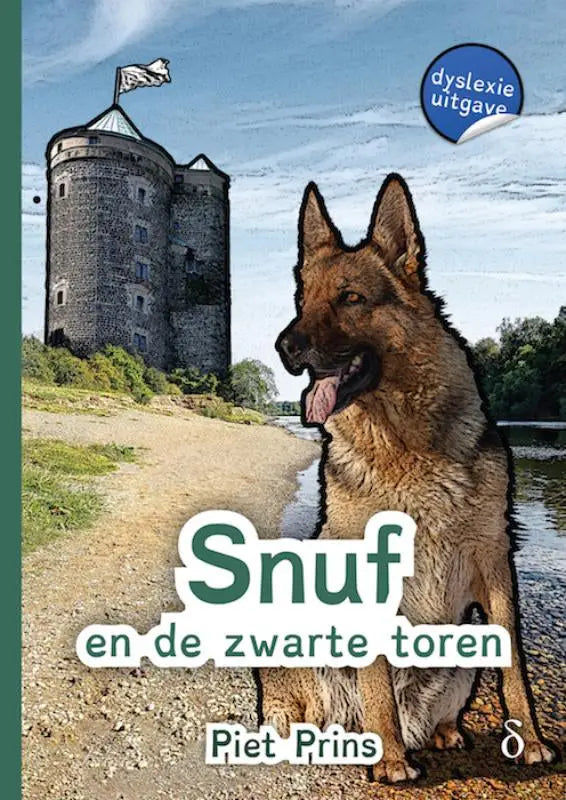Een duitse herder met tan en zwart zit vriendelijk naast de zwarte toren van snuf en de zwarte toren