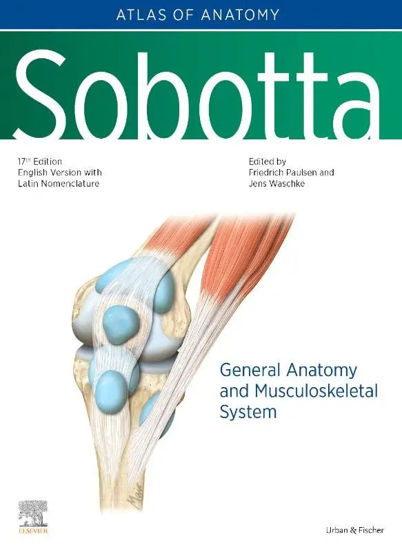 De 17e editie sobotta atlas van anatomie engels toont gedetailleerde illustratie van de knie met groene labels general anatomy and musculoskeletal