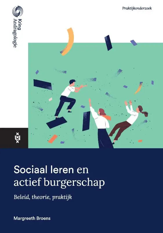 Het boek sociaal leren en actief burgerschap heeft een teal kaft met illustraties van mensen en kleurrijke vormen