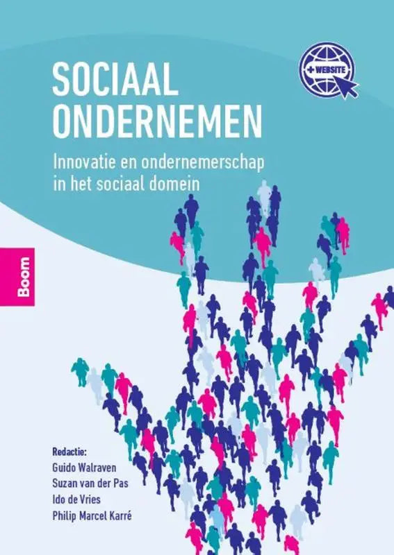 De boekcover van sociaal ondernemen toont een kleurrijke illustratie door guido walraven met koninklijke boom uitgevers