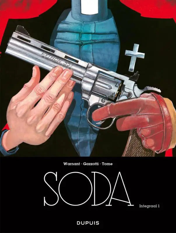 Zilveren python 357 revolver in handen met één handschoen en één blote hand voor strips algemeen soda integraal product