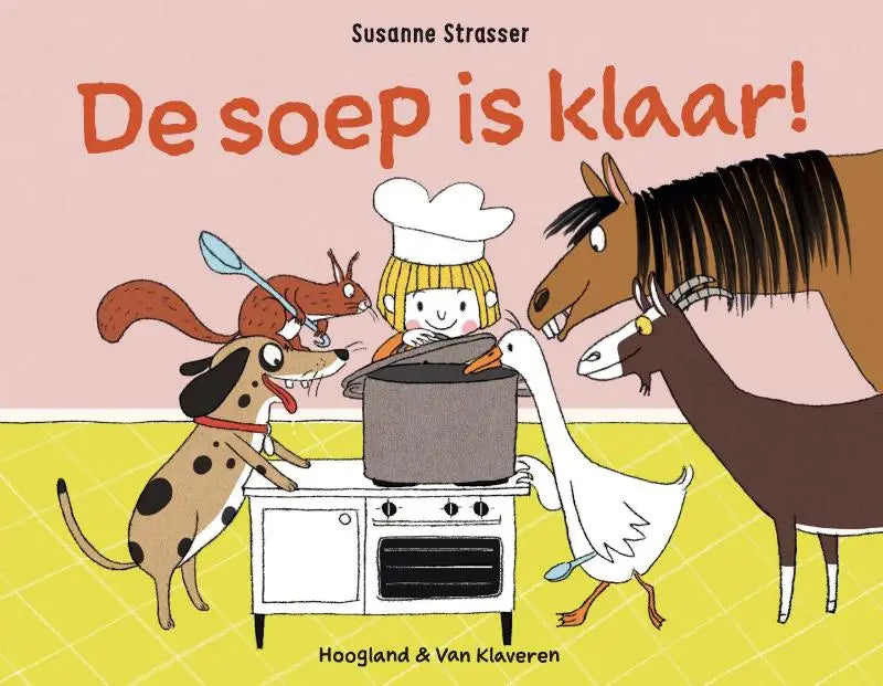 Cartoonillustratie van een jonge chef met dieren bij het fornuis die soep roert voor jonge lezers in de soep is klaar
