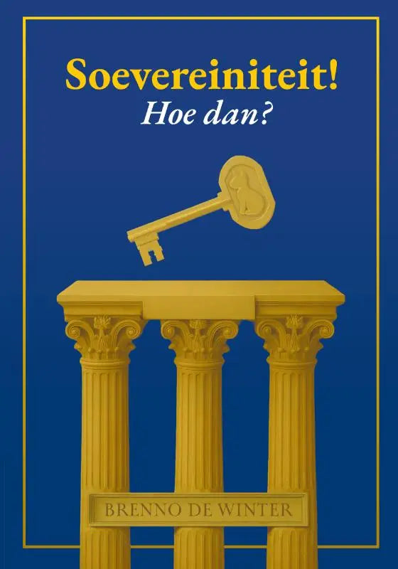 Gouden sleutel met kattenvormige boog zwevend boven drie klassieke zuilen voor soevereiniteit boek