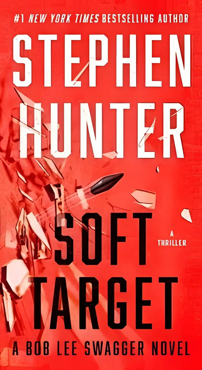 Rode boekomslag van soft target door stephen hunter met grafiek van gebroken glas en zwarte tekst voor thrillerboek