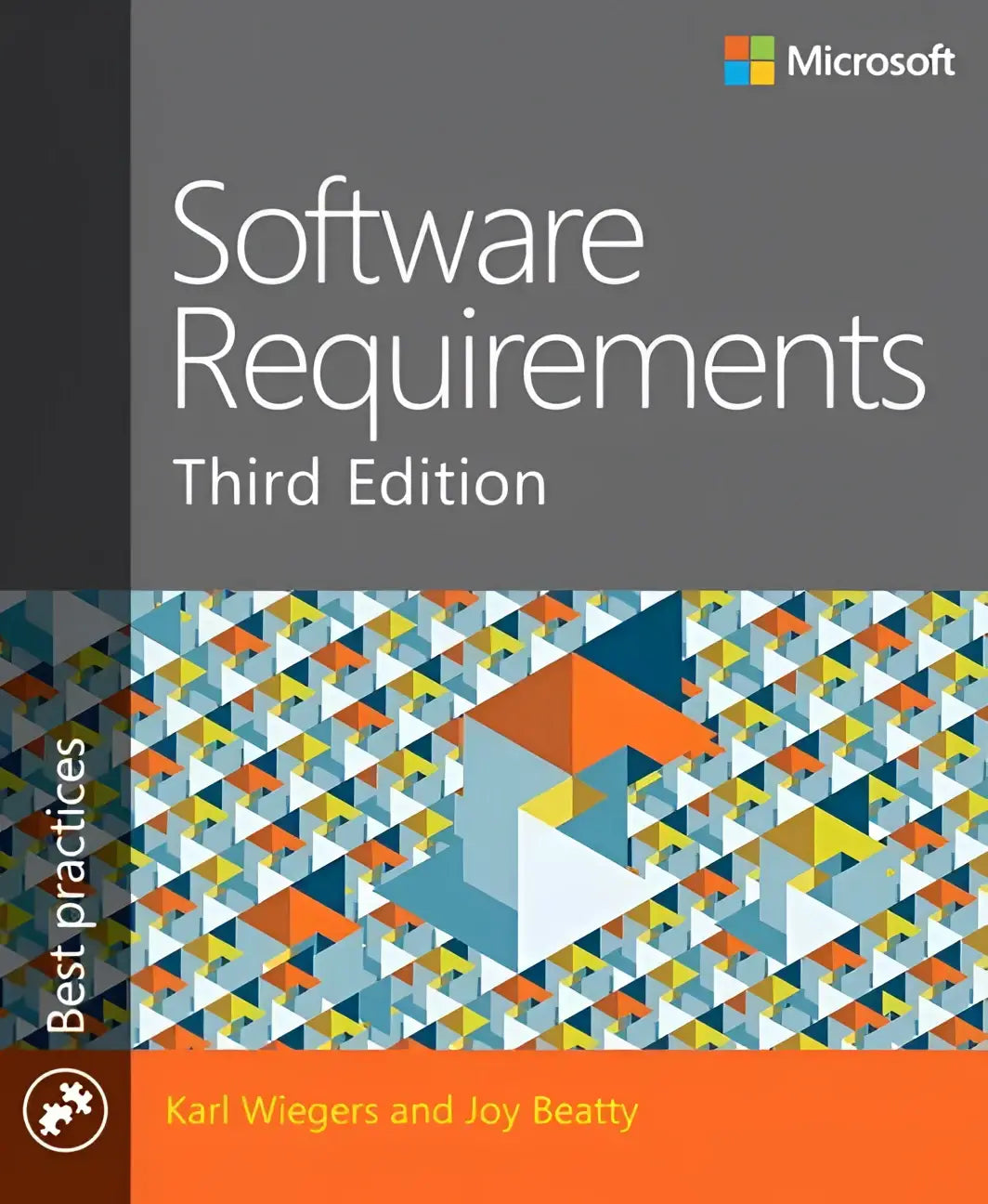 Boek software requirements derde editie van microsoft met geometrisch patroon in blauw, oranje en wit, volledig bijgewerkt met requirements engineering