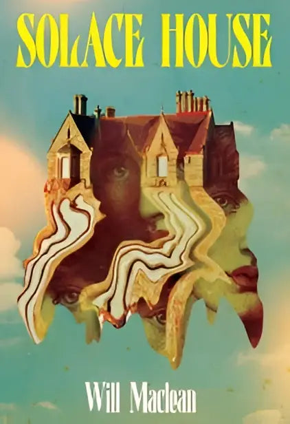Solace house album cover featuring a surreal floating house with wavy earth tones inspired by the secret history