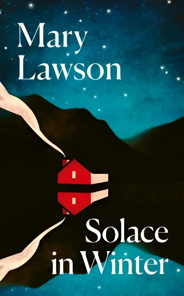 Rode huisvormige decoratie met witte afwerking tegen donkere berglandschap onder sterrennacht voor solace in winter mary lawson historische fictie