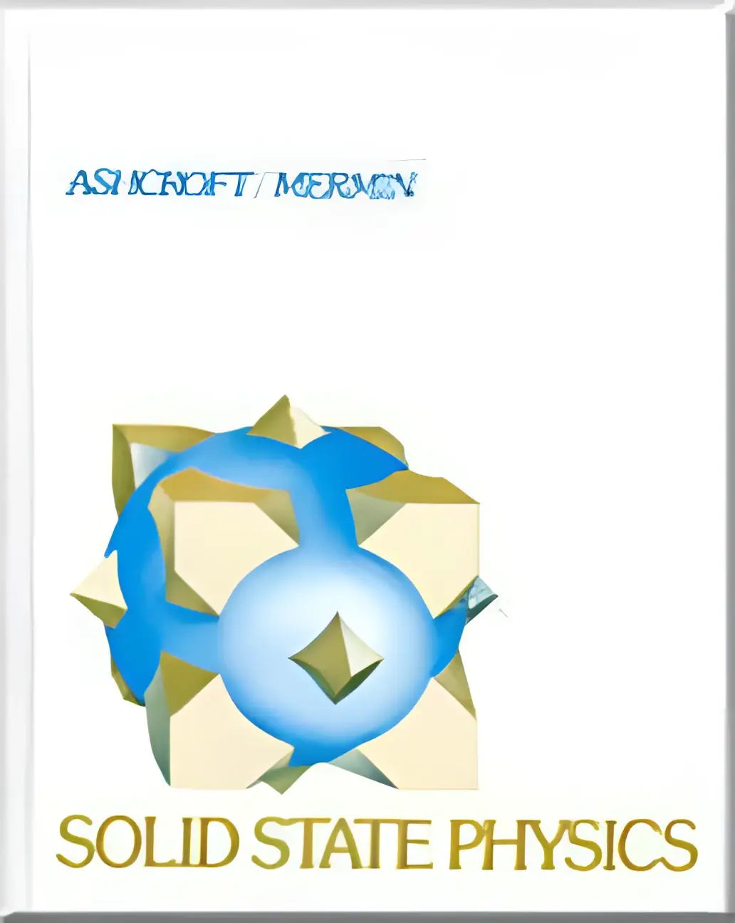 White hardcover book solid state physics with blue and gold title and interlocking geometric shapes in blue and beige