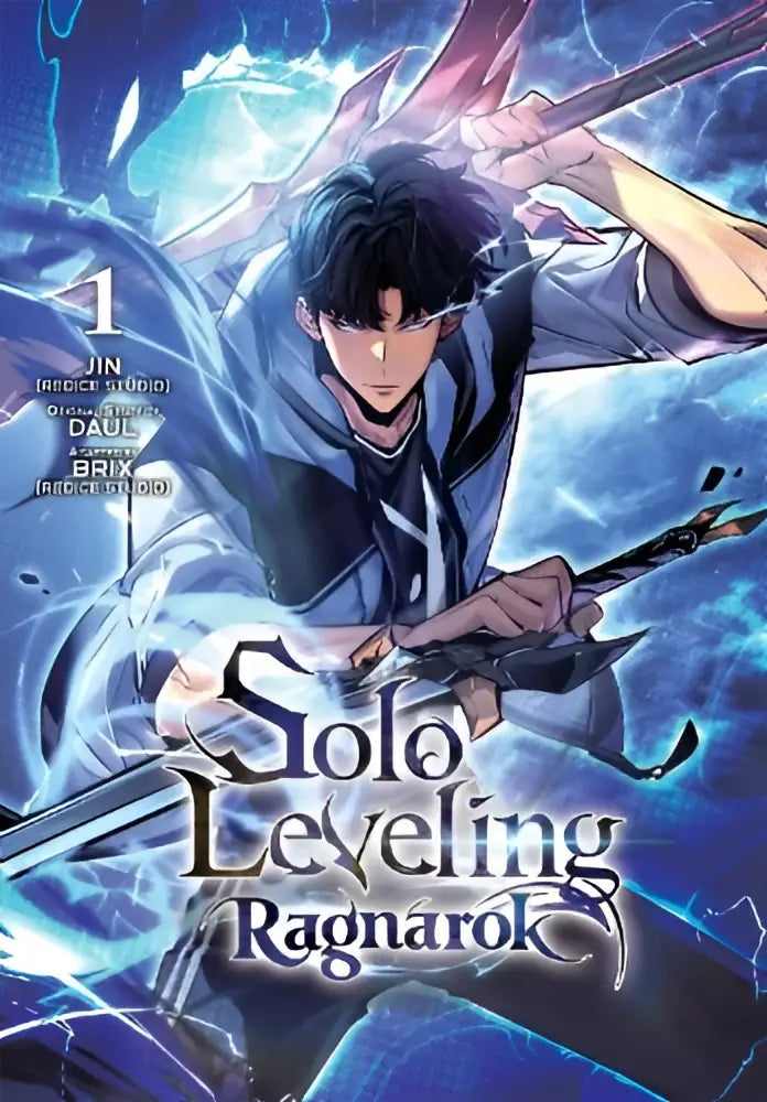Blauwzwarte illustratie van manga cover solo leveling ragnarok vol 1 met dynamische personage met zwaard