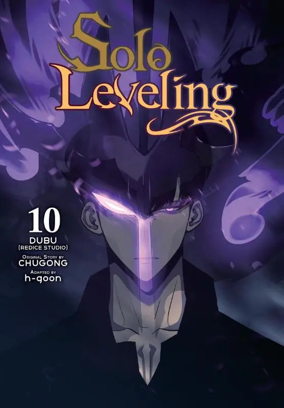 Paars en zwart solo leveling manga volume 10 cover met anime-stijl karakter en gloeiende paarse ogen