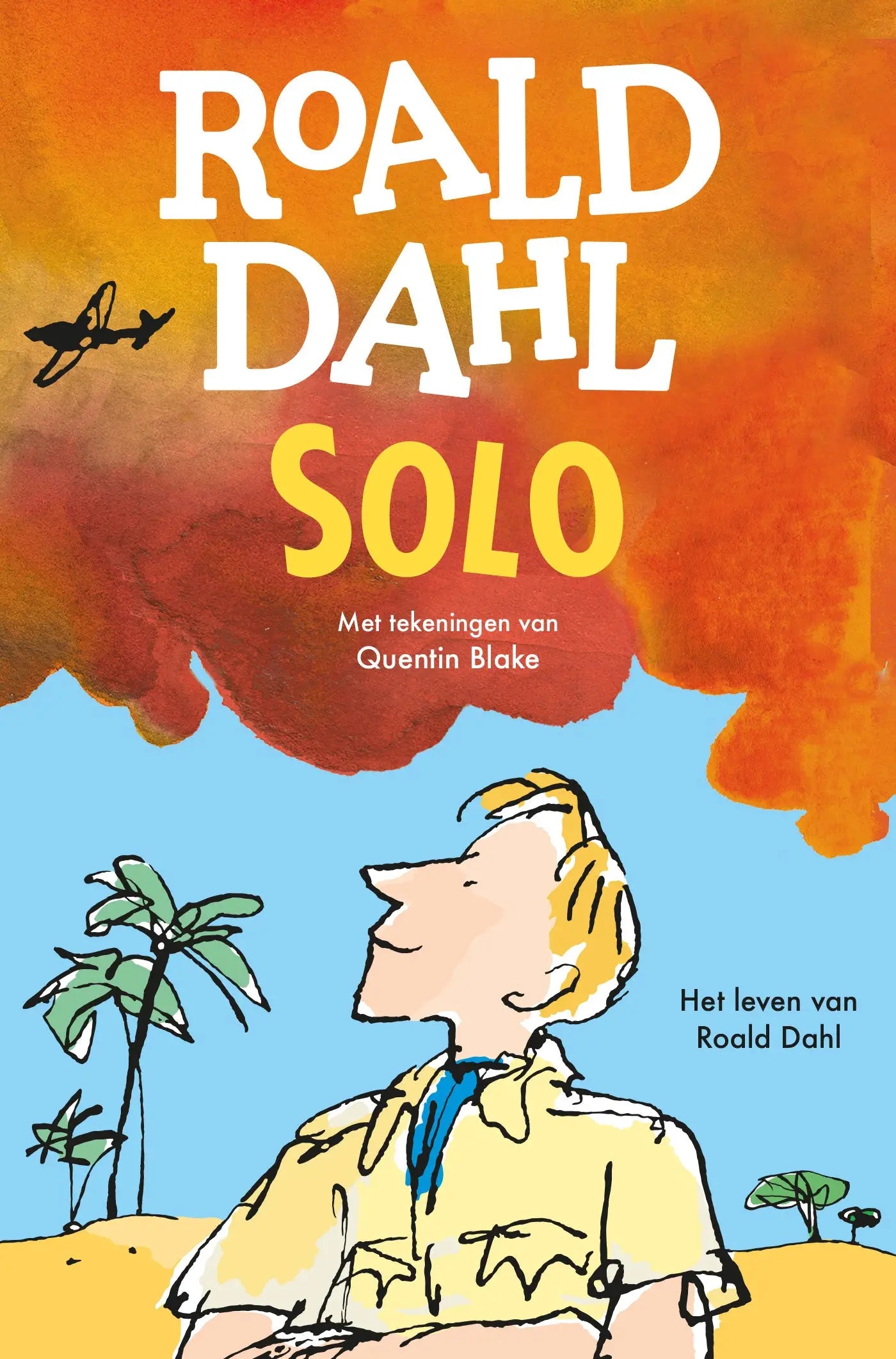 Gele geïllustreerde boekomslag van solo het leven van roald dahl met cartoonjongen in gele trui tegen oranje lucht