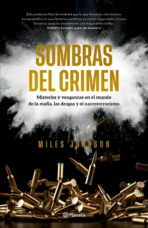 Het boekje sombras del crimen toont gouden letters en kogels met rook voor misterios y venganzas thema