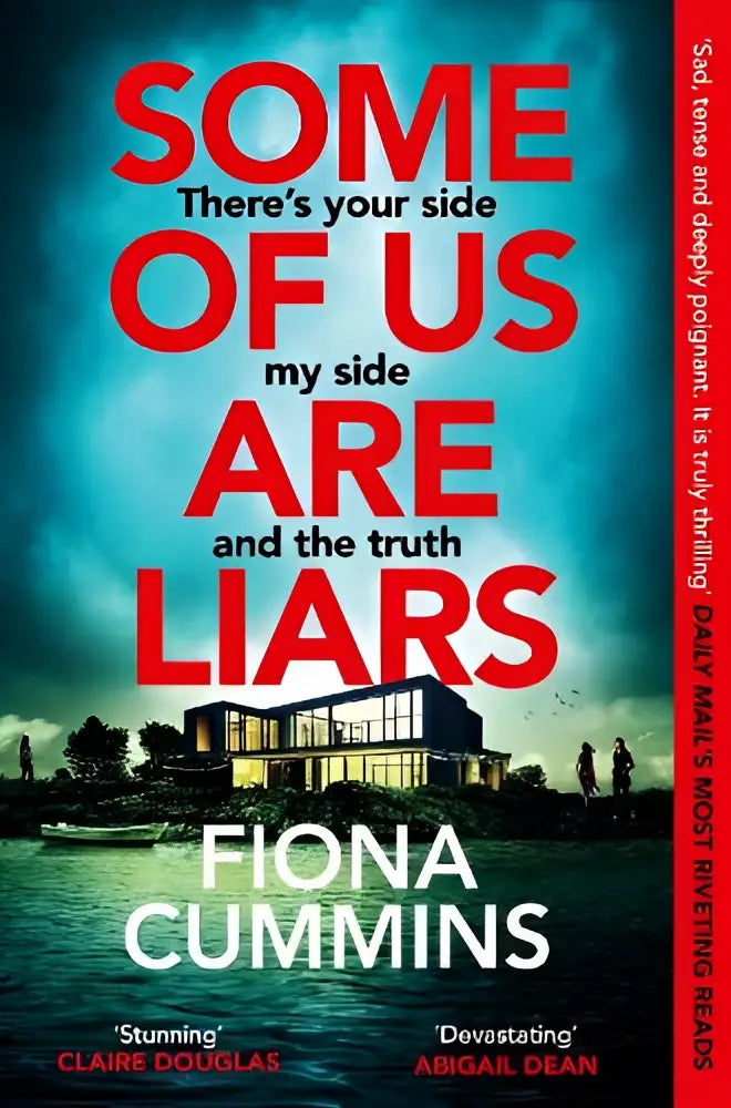 De boekcover van some of us are liars toont gedurfde rode tekst tegen een stormachtige lucht met modern huis en silhouetten